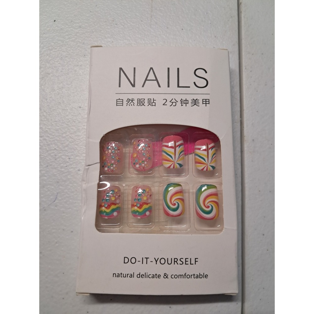 DIY Press On Nails Kit Rainbow Swirl‎ Polka Dot Colorful False Nails Set
